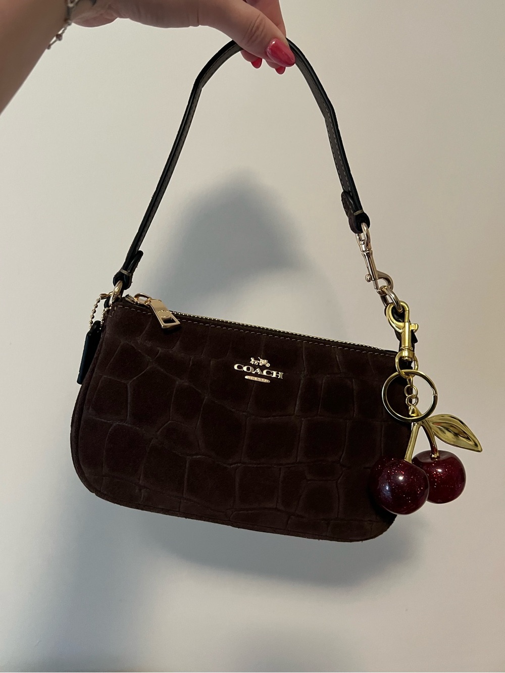 COACH Dark Brown Croc-Embossed Suede Nolita 19 NWT